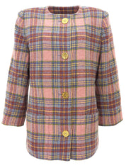 Check Pattern Logo Button Collarless Jacket in Pink/Multi