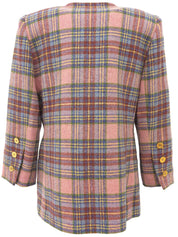 チェックパターンロゴボタンノーカラージャケット ピンク/マルチ