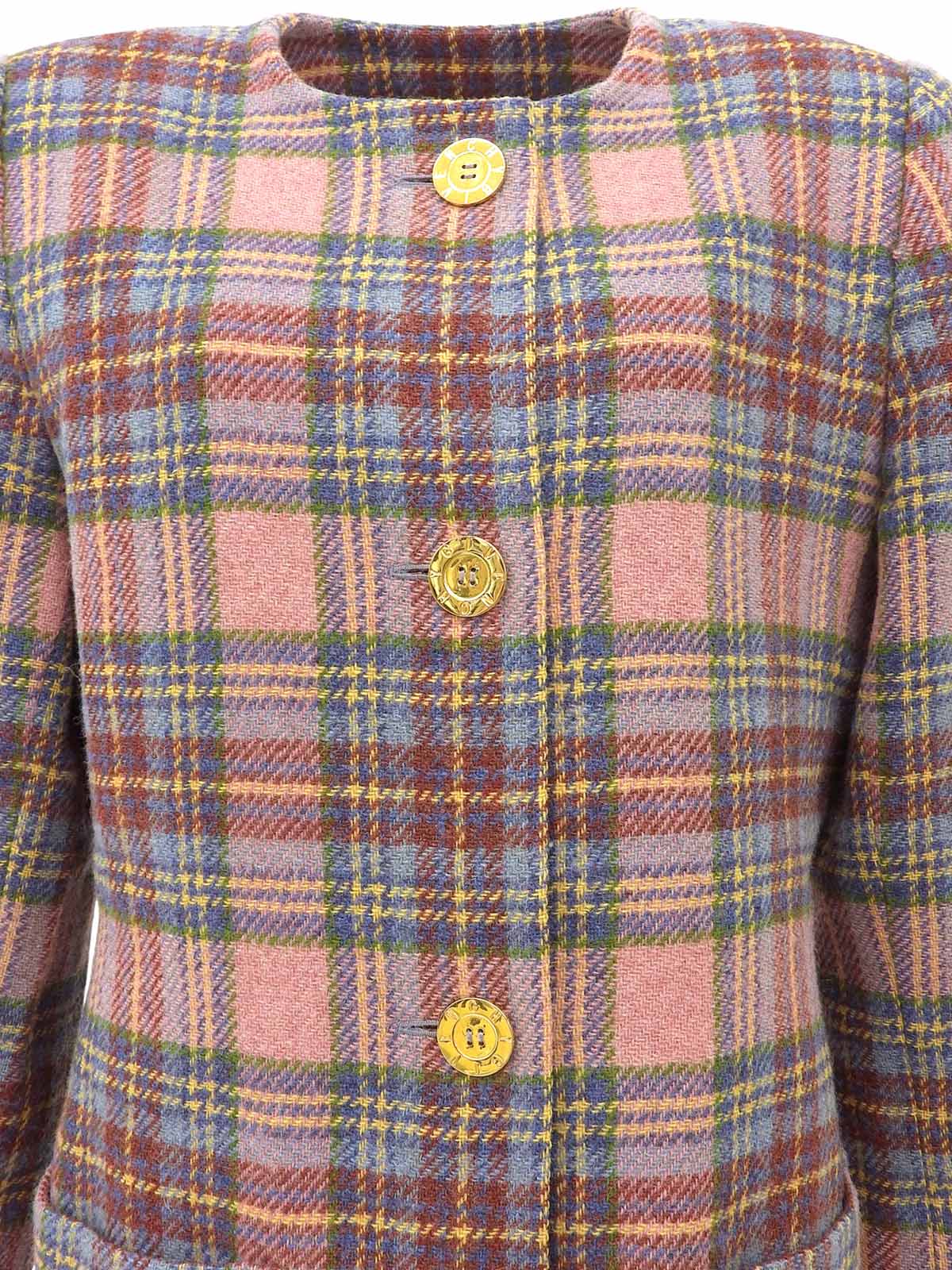 チェックパターンロゴボタンノーカラージャケット ピンク/マルチ