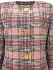 チェックパターンロゴボタンノーカラージャケット ピンク/マルチ