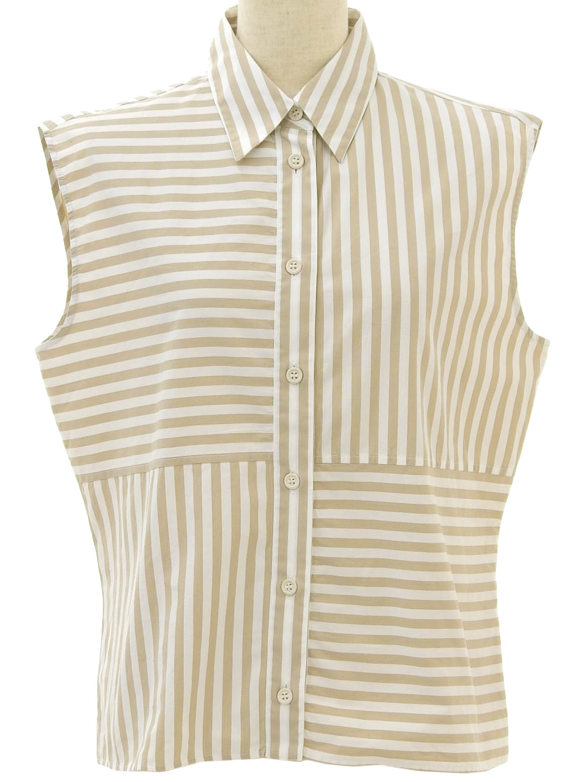 ストライプボーダーロゴボタンノースリーブトップス ベージュ/ホワイト