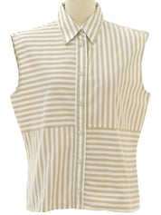 ストライプボーダーロゴボタンノースリーブトップス ベージュ/ホワイト