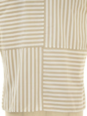 ストライプボーダーロゴボタンノースリーブトップス ベージュ/ホワイト