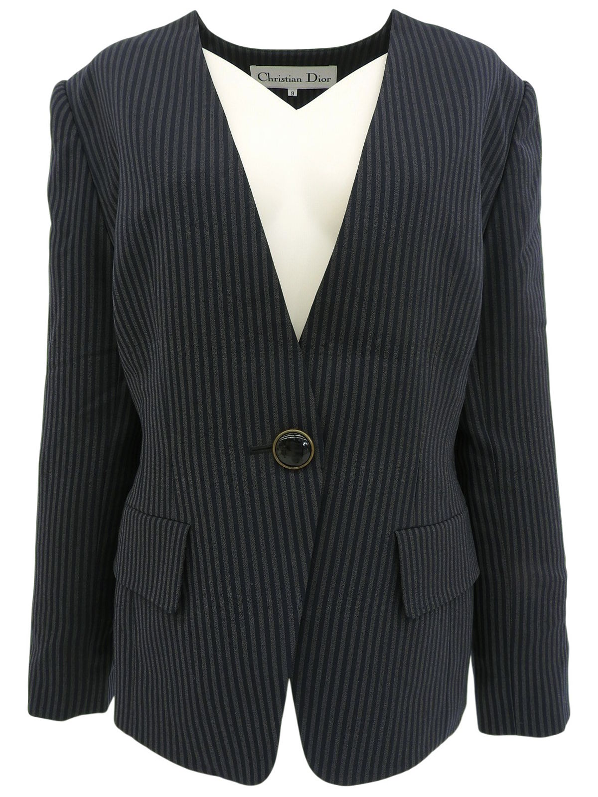 ストライプパターンノーカラージャケット グレー/ネイビー