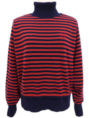ウールボーダーパターンロゴ刺繍タートルネックニット ネイビー/レッド