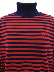 ウールボーダーパターンロゴ刺繍タートルネックニット ネイビー/レッド