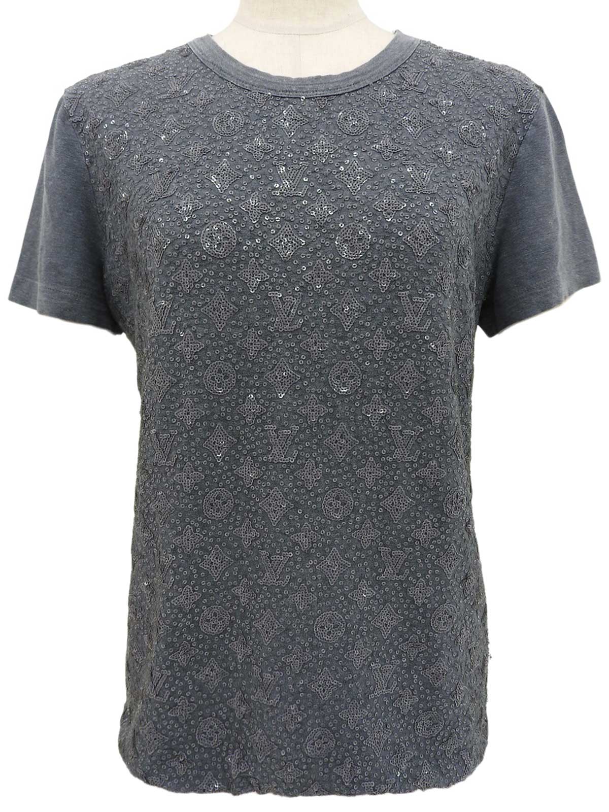 スパンコールモノグラムパターンハーフスリーブトップス　グレー