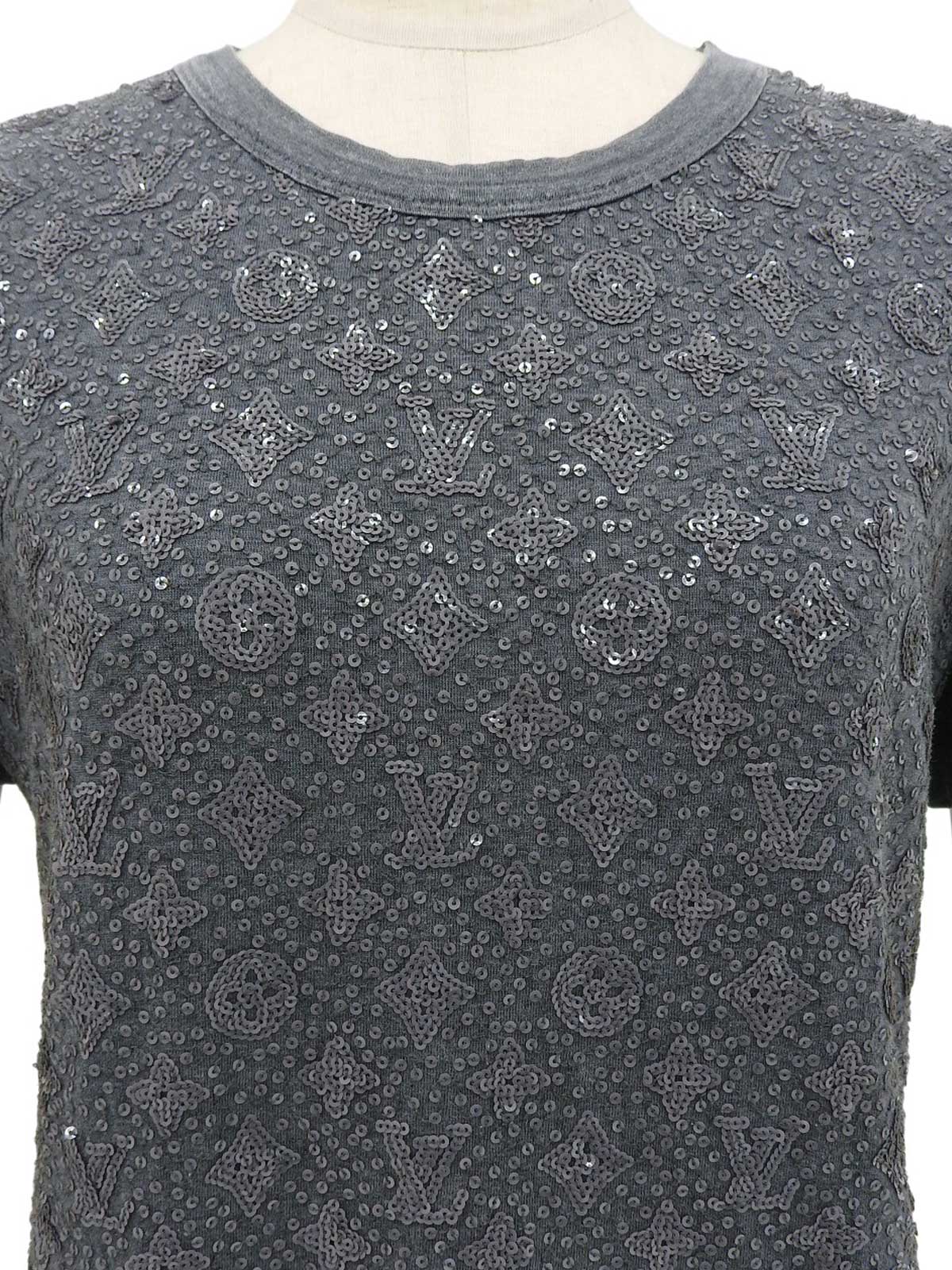 スパンコールモノグラムパターン半袖トップス グレー