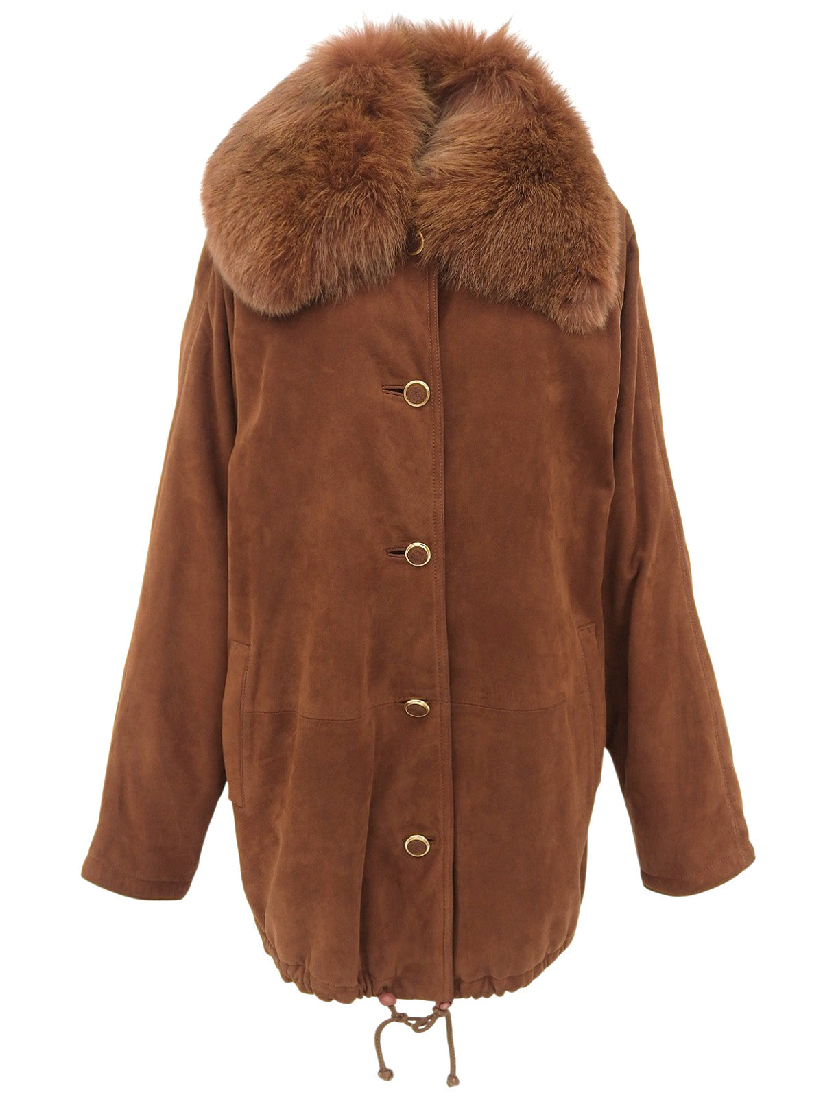 Suede logo button fur collar coat in brown