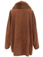 Suede logo button fur collar coat in brown