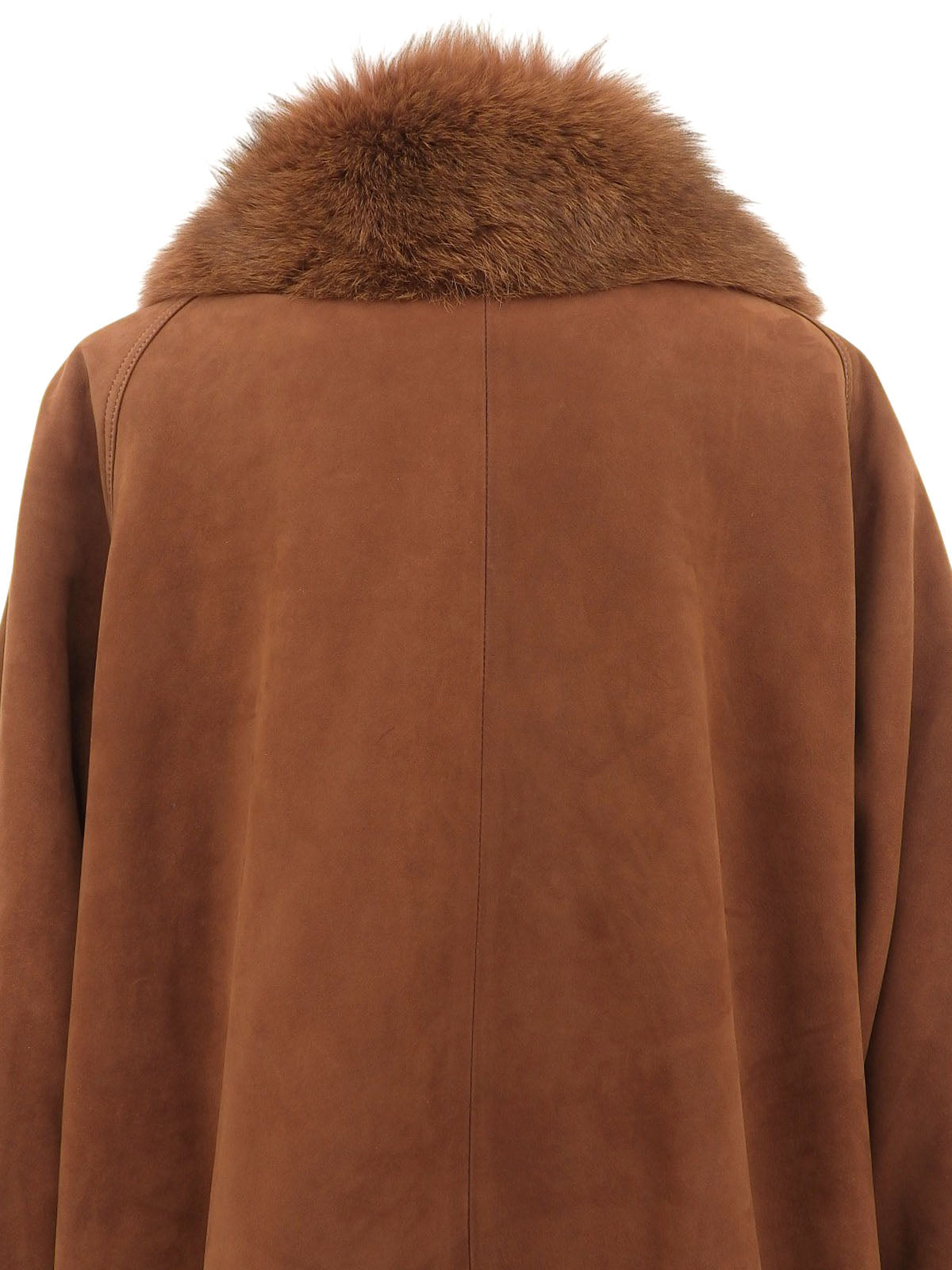 Suede logo button fur collar coat in brown