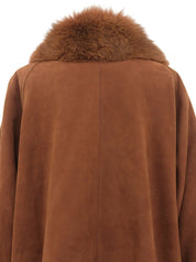 Suede logo button fur collar coat in brown