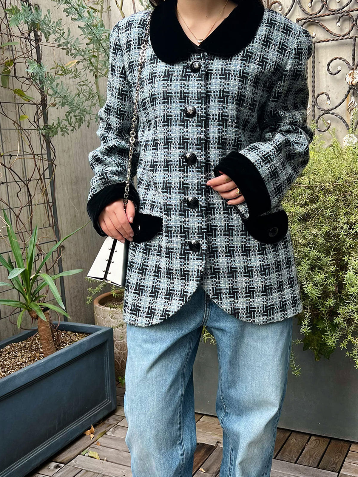 ツイードロゴボタンジャケット ライトブルー/ブラック