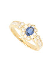 18K Sapphire Diamond Flower Motif Ring #52 Gold/Blue