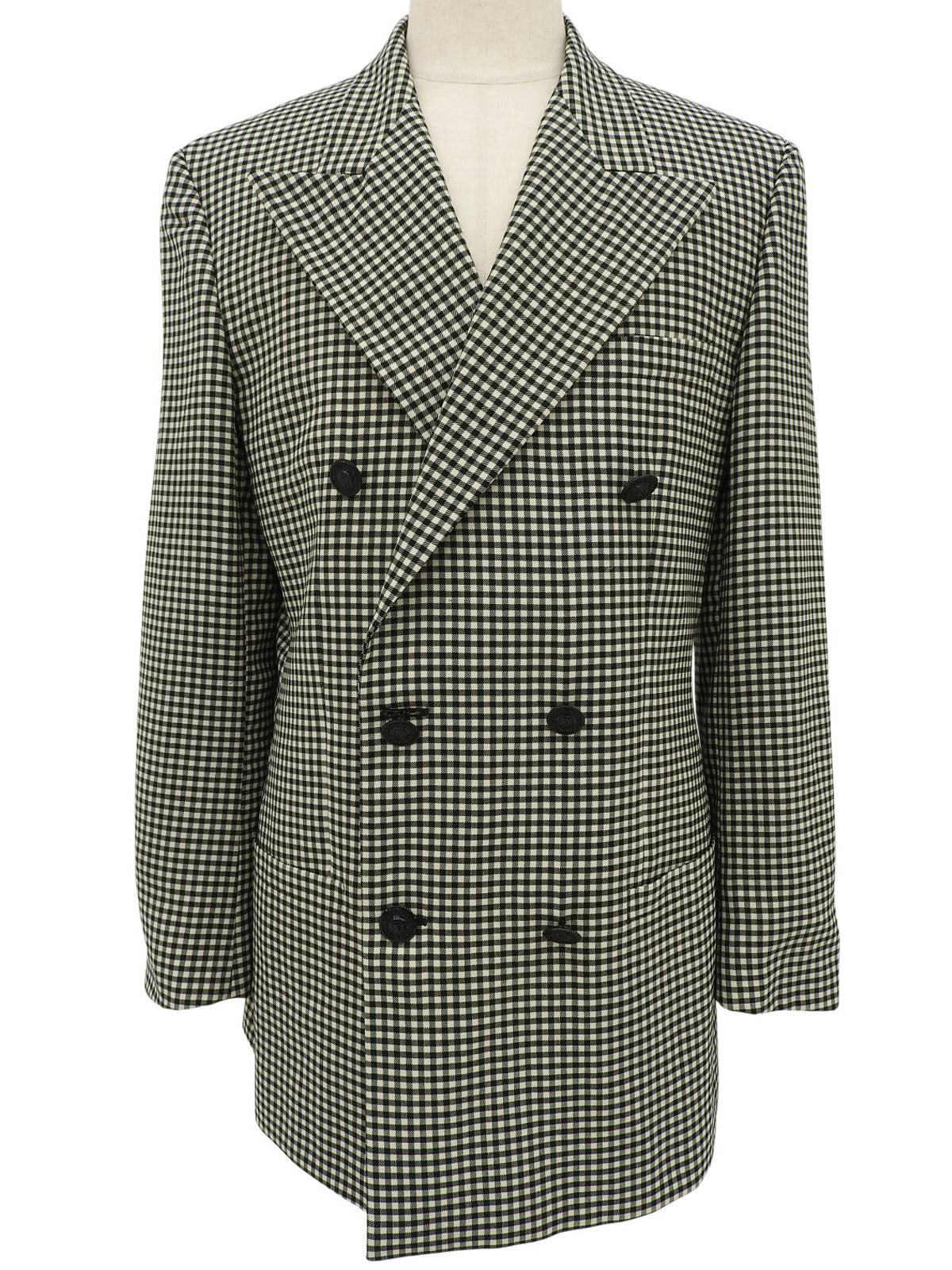 ウールチェックパターンロゴボタンジャケット ブラック/アイボリー