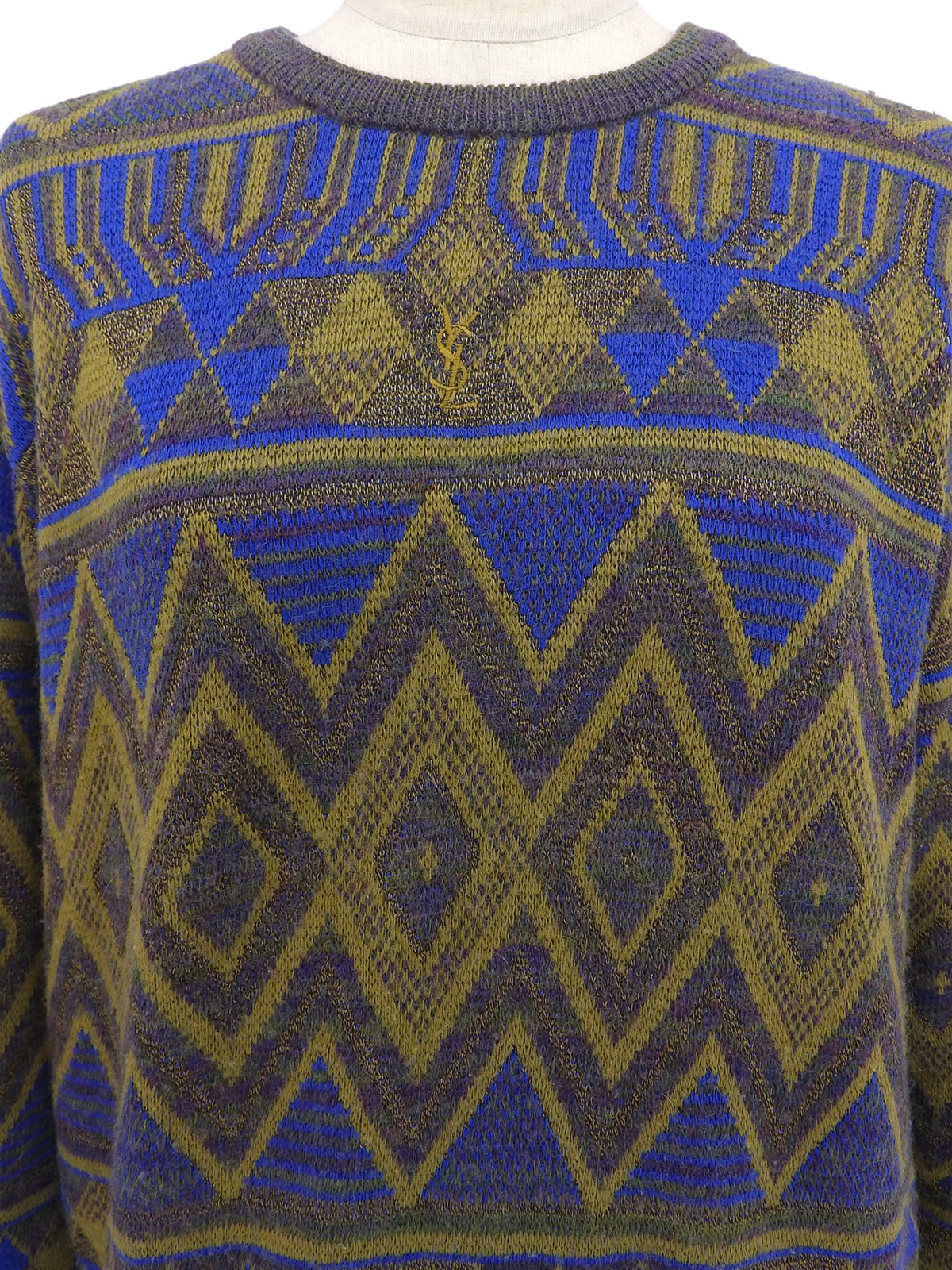 デザインパターンロゴ刺繍セーター カーキ/ブルー/マルチ