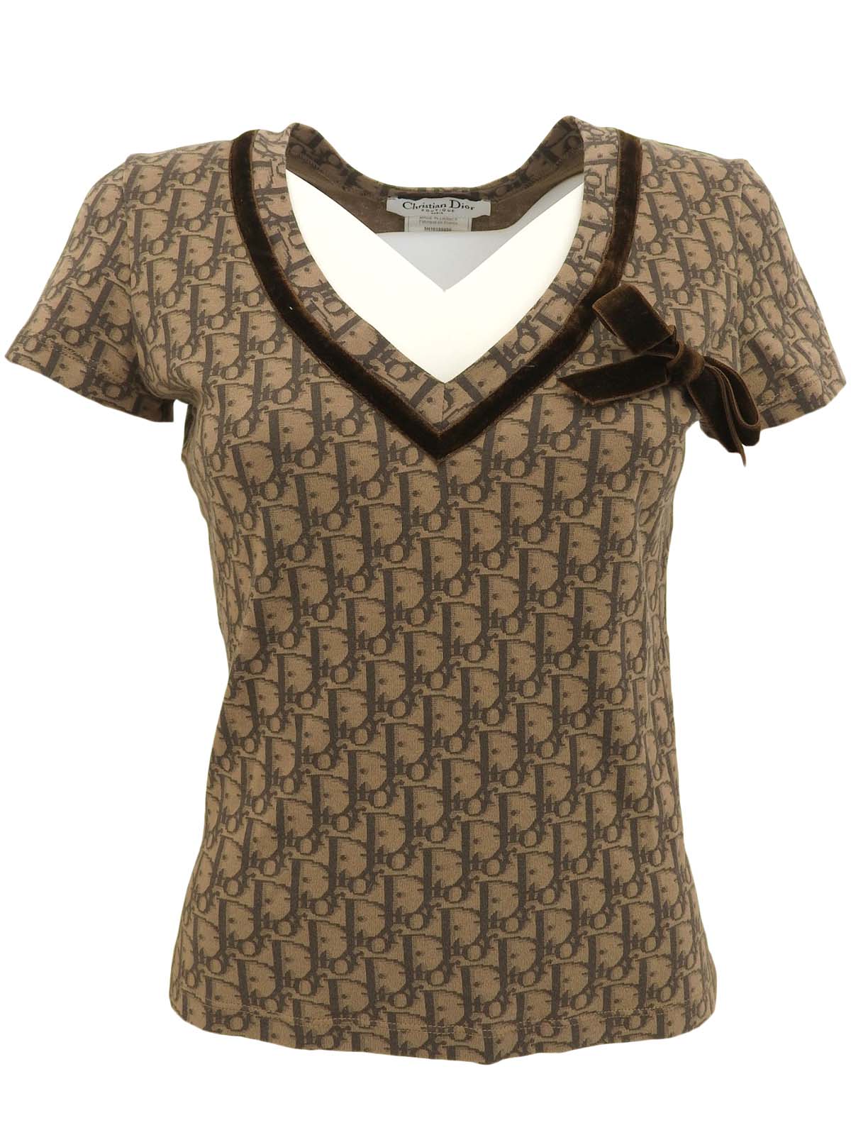 トロッターパターンベロアリボンハーフスリーブトップス ブラウン