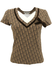 トロッターパターンベロアリボンハーフスリーブトップス ブラウン