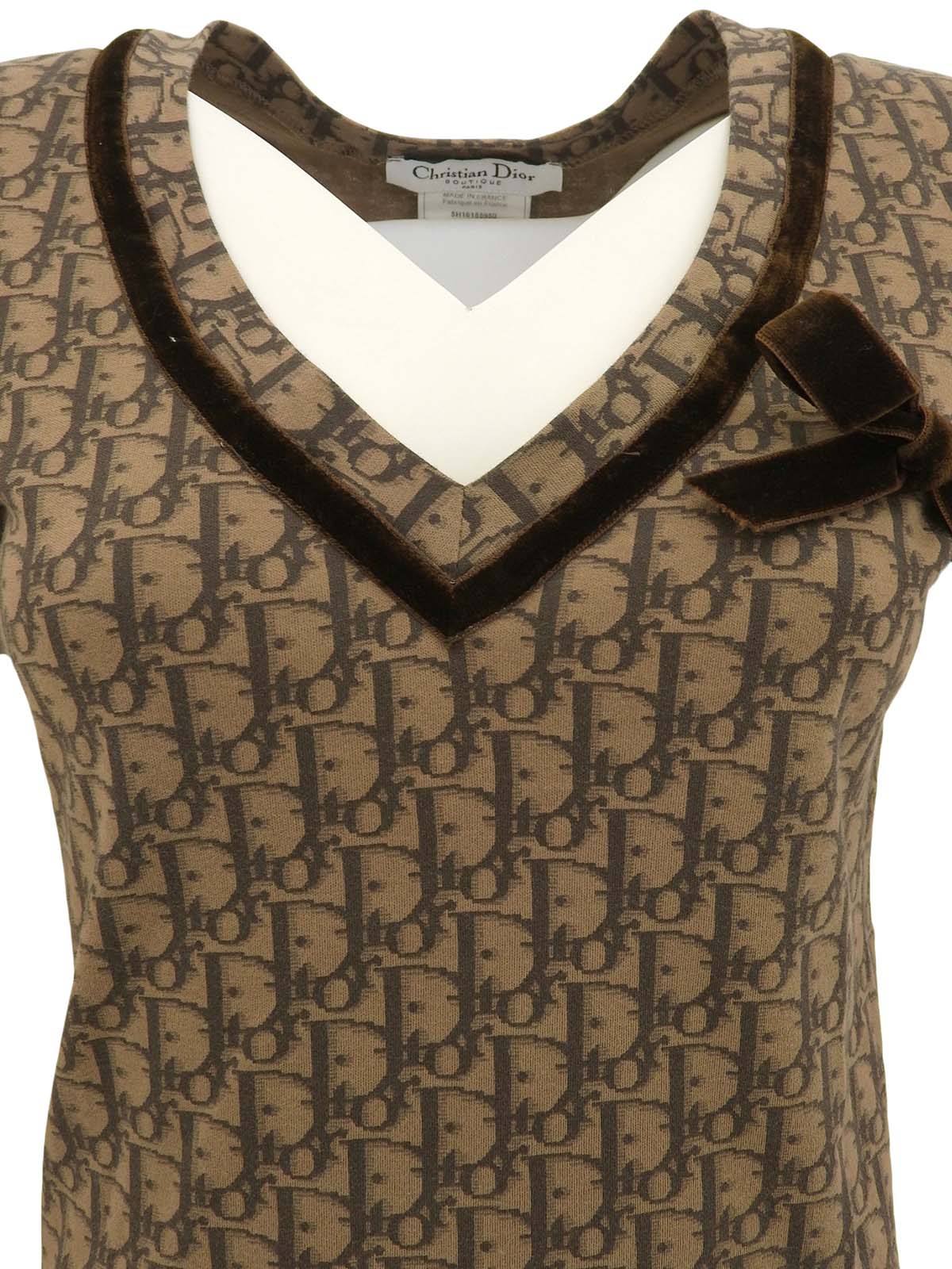 トロッターパターンベロアリボンハーフスリーブトップス ブラウン