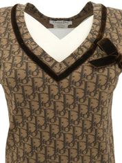 トロッターパターンベロアリボン半袖トップス ブラウン