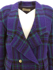 Wool check pattern logo button jacket in purple/black/green