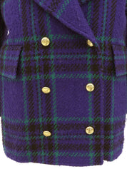 Wool check pattern logo button jacket in purple/black/green
