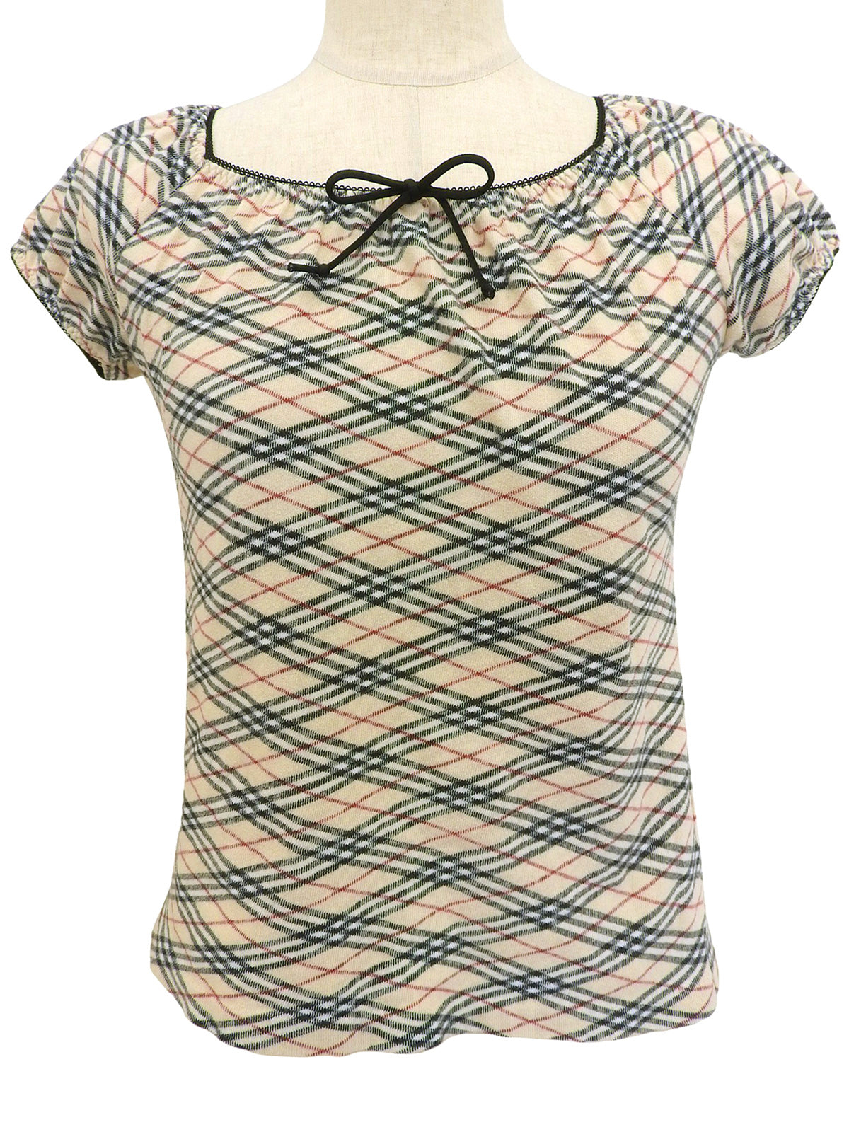 ノバチェックパターンリボン半袖トップス ベージュ