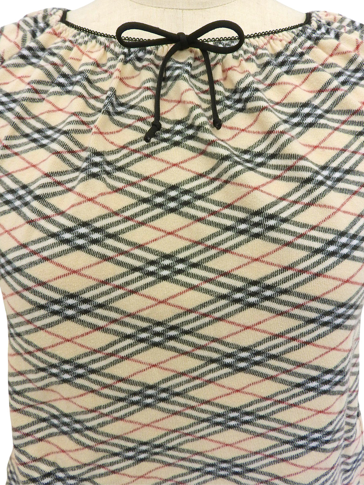 ノバチェックパターンリボンハーフスリーブトップス ベージュ