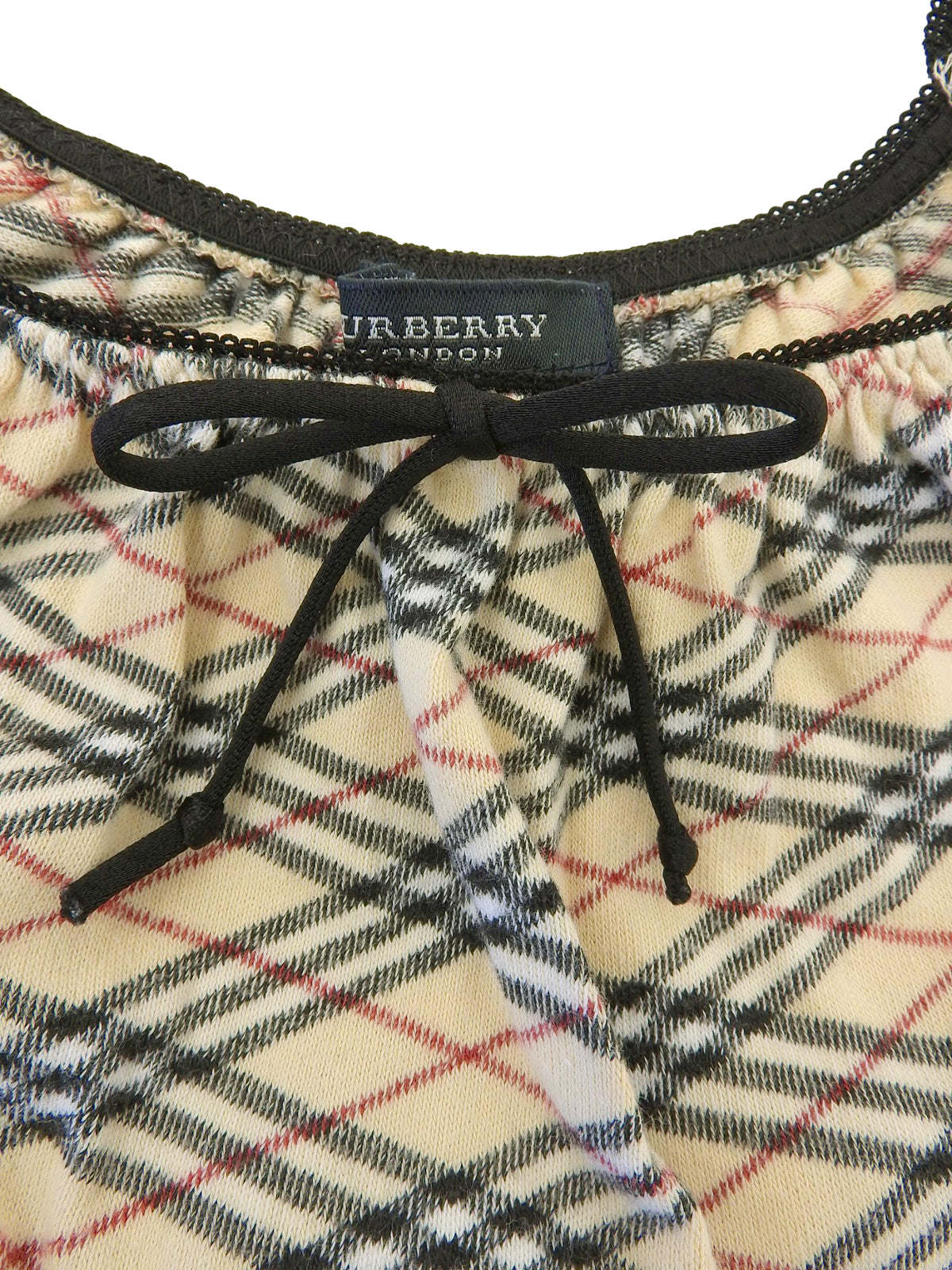 ノバチェックパターンリボン半袖トップス ベージュ