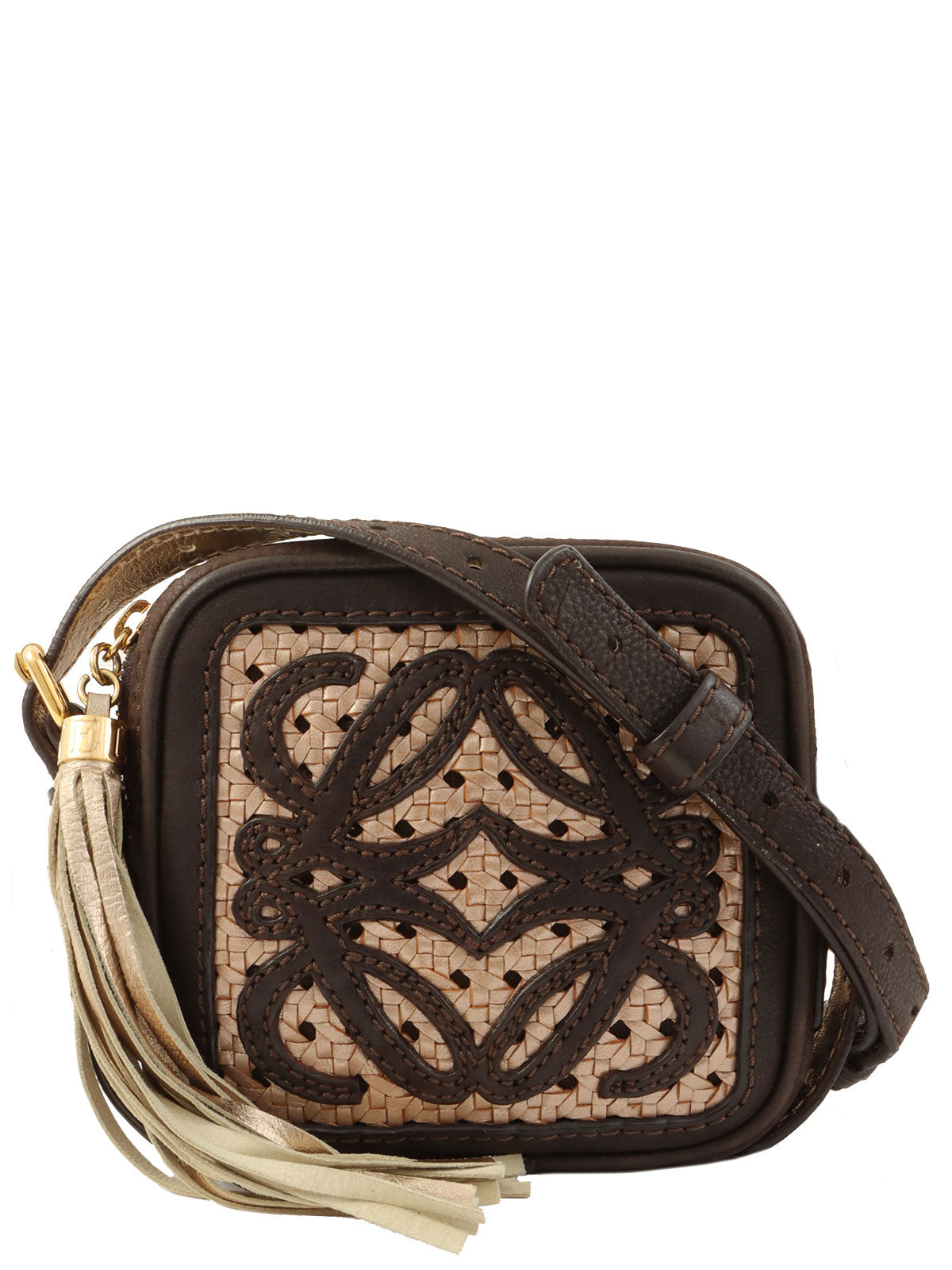 Anagram Tassel Charm Shoulder Bag in Brown/Gold/Metallic Pink