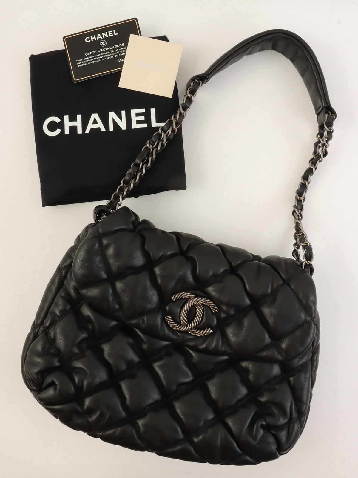 2008 Bubble Quilt CC Mark Plate Chain Shoulder Bag Black