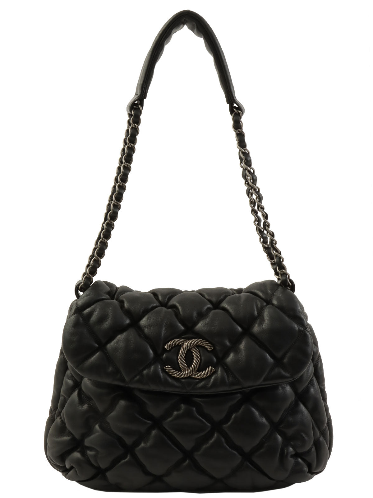 2008 Bubble Quilt CC Mark Plate Chain Shoulder Bag Black