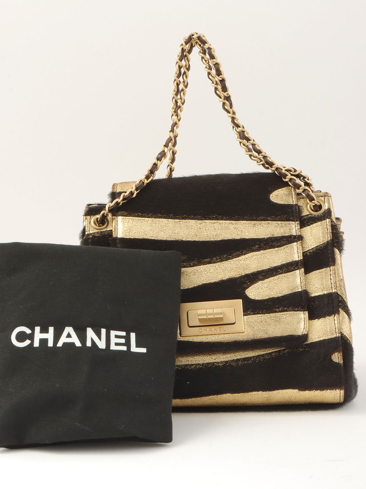 2000款斑马纹2.55链条迷你手提包，金色/黑色