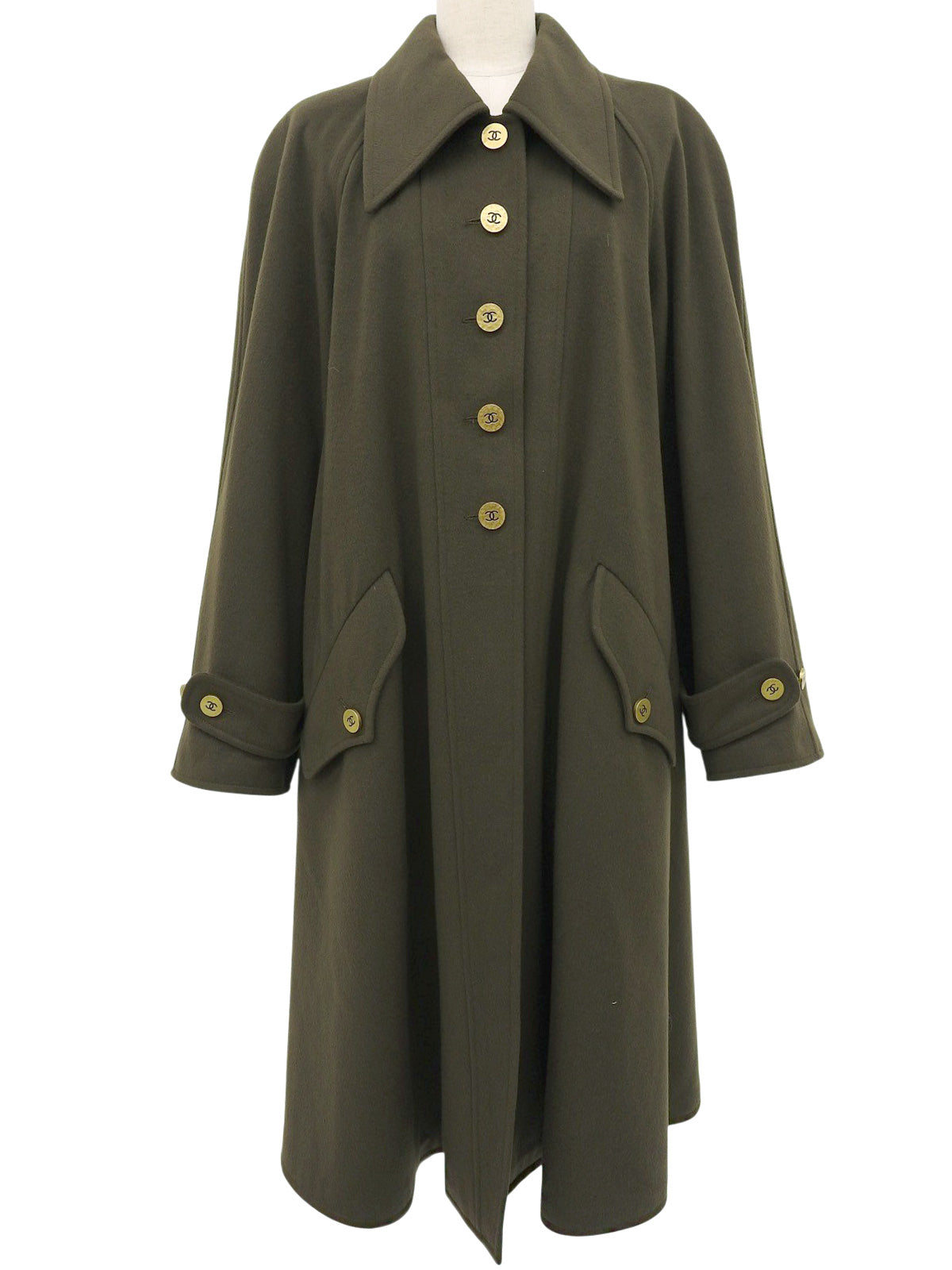 1994年製 カシミアCCマークボタンロングコート カーキ
