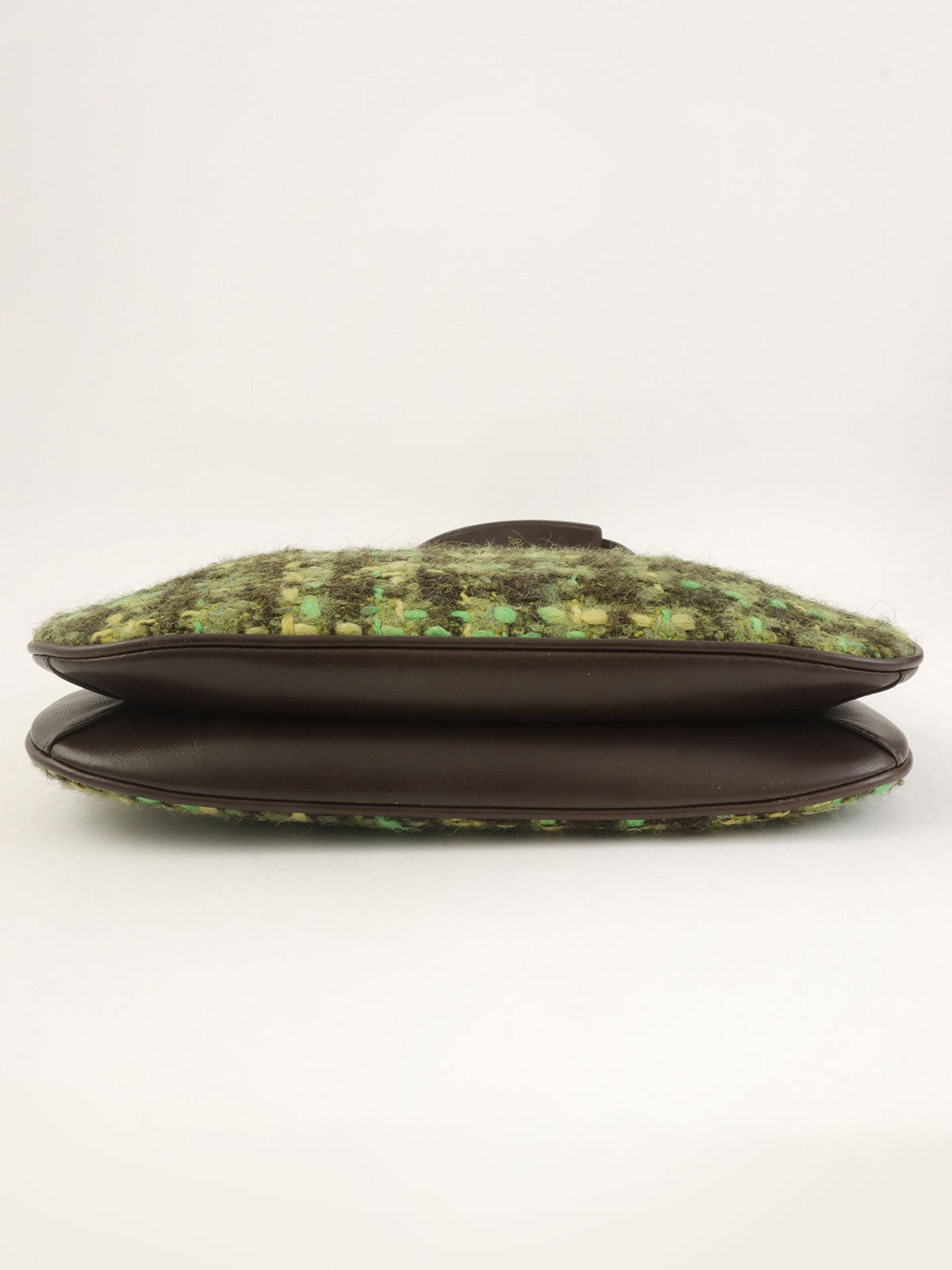 Tweed leather combination logo charm one-shoulder bag in green/brown