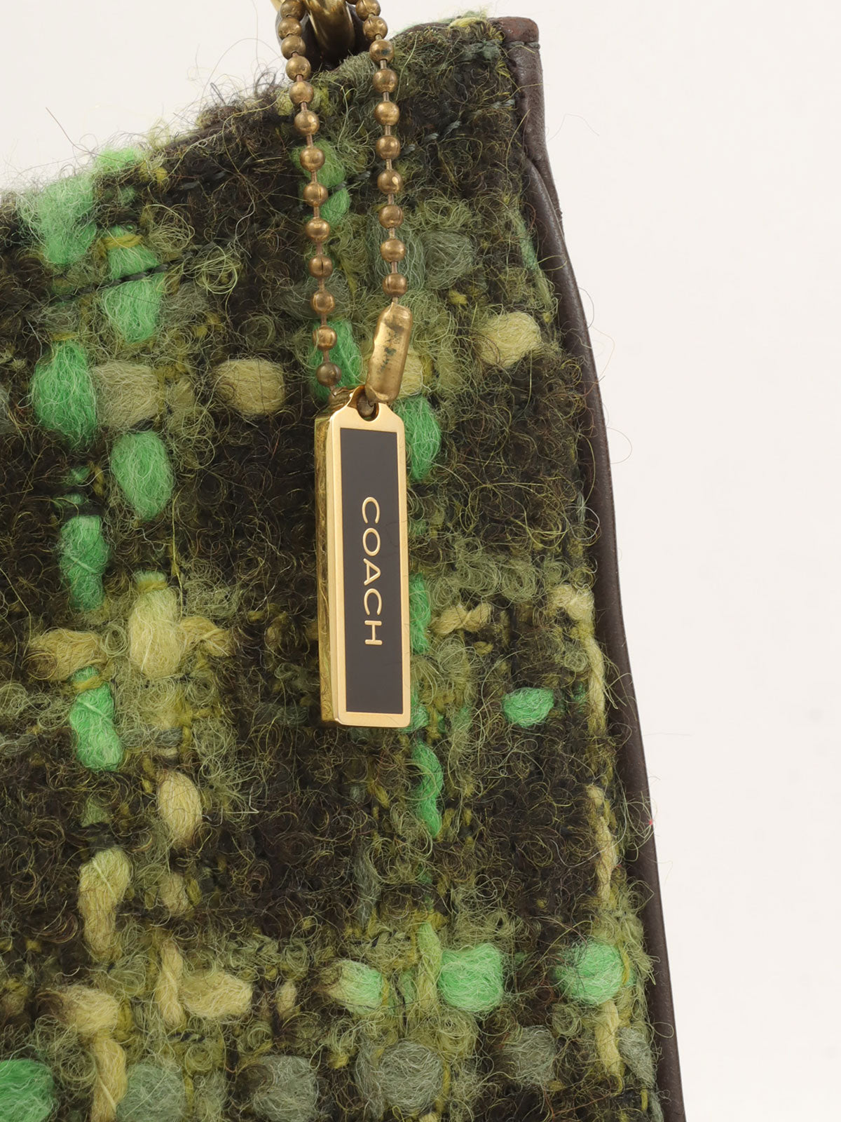 Tweed leather combination logo charm one-shoulder bag in green/brown