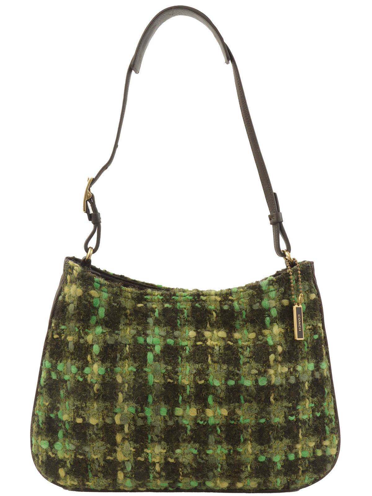 Tweed leather combination logo charm one-shoulder bag in green/brown