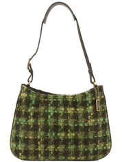 Tweed leather combination logo charm one-shoulder bag in green/brown