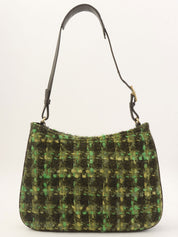 Tweed leather combination logo charm one-shoulder bag in green/brown