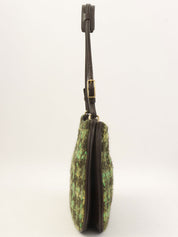 Tweed leather combination logo charm one-shoulder bag in green/brown