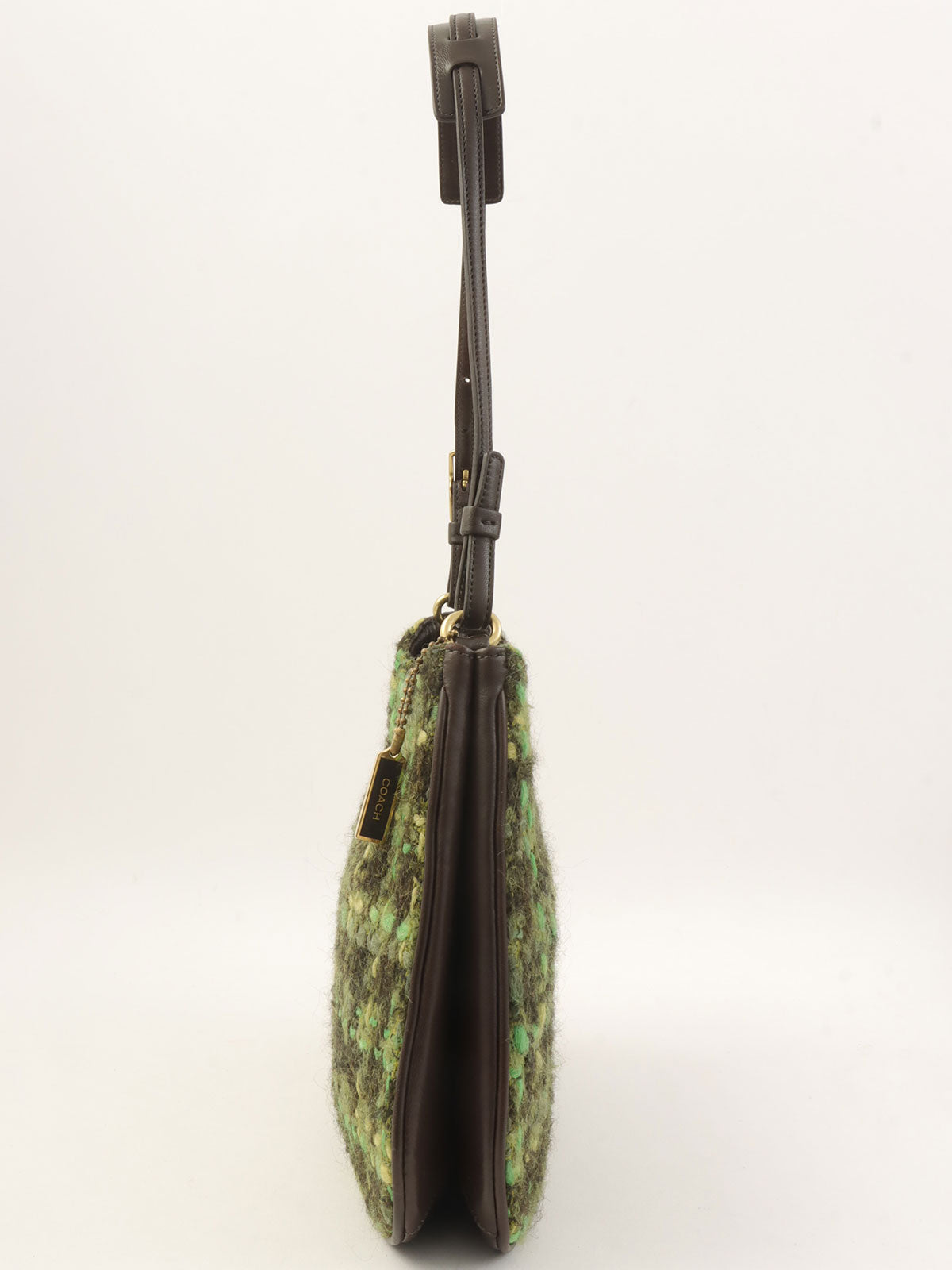 Tweed leather combination logo charm one-shoulder bag in green/brown