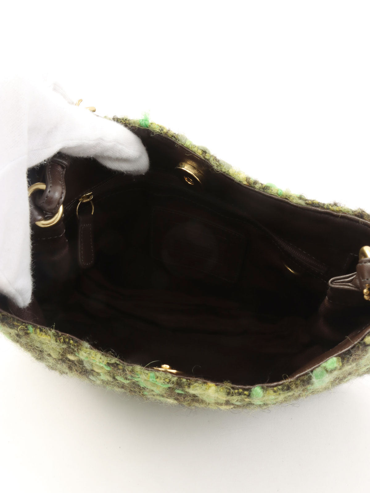 Tweed leather combination logo charm one-shoulder bag in green/brown