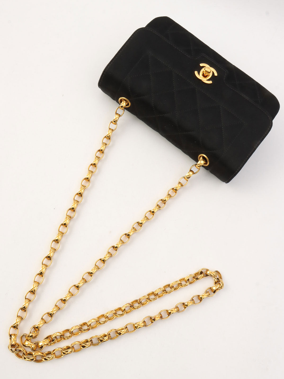 Around 1990 Made Silk Satin Classic Flap Chain Bag Mini Black
