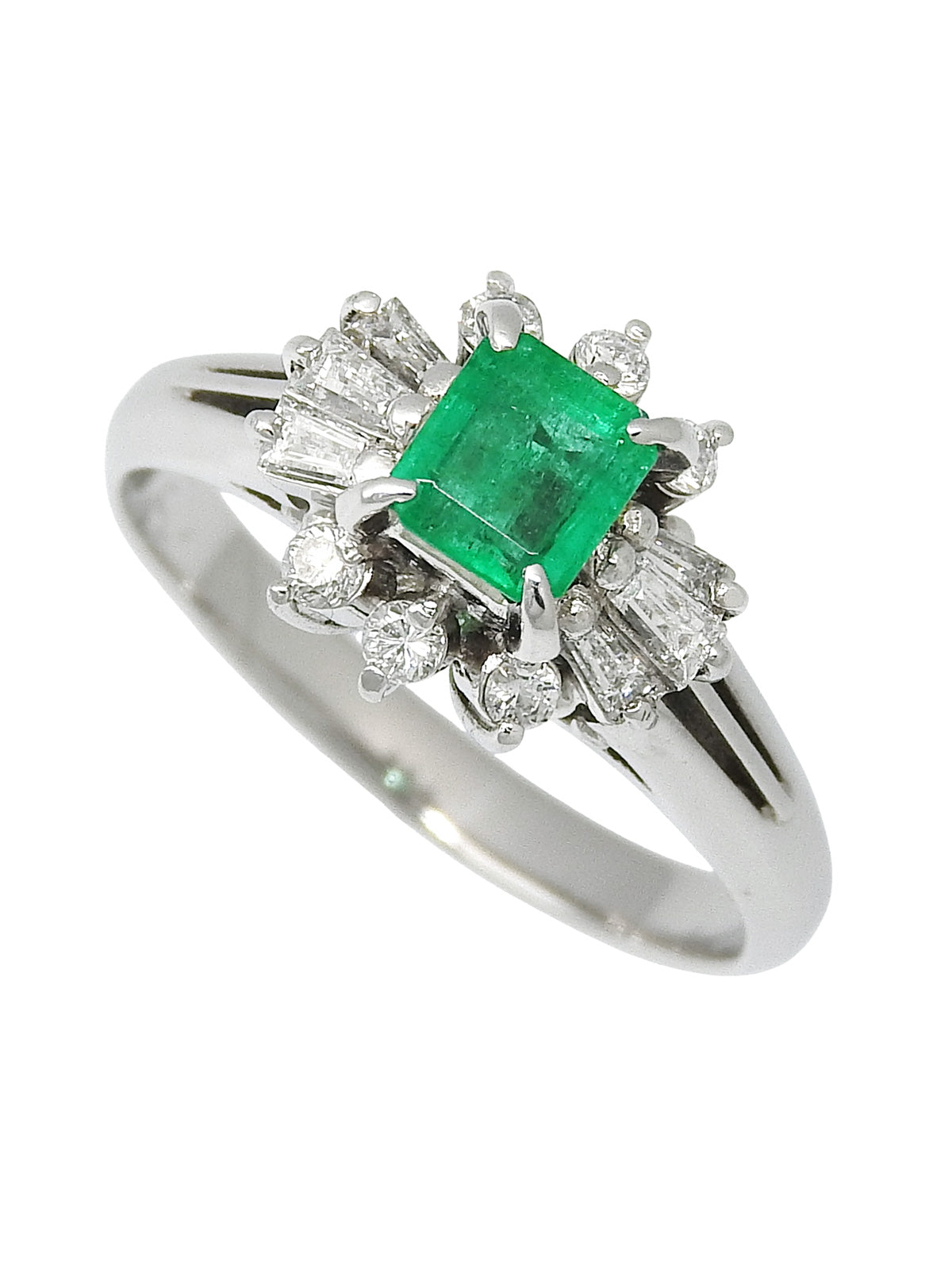 Platinum Emerald Diamond Design Ring #51.5 Silver