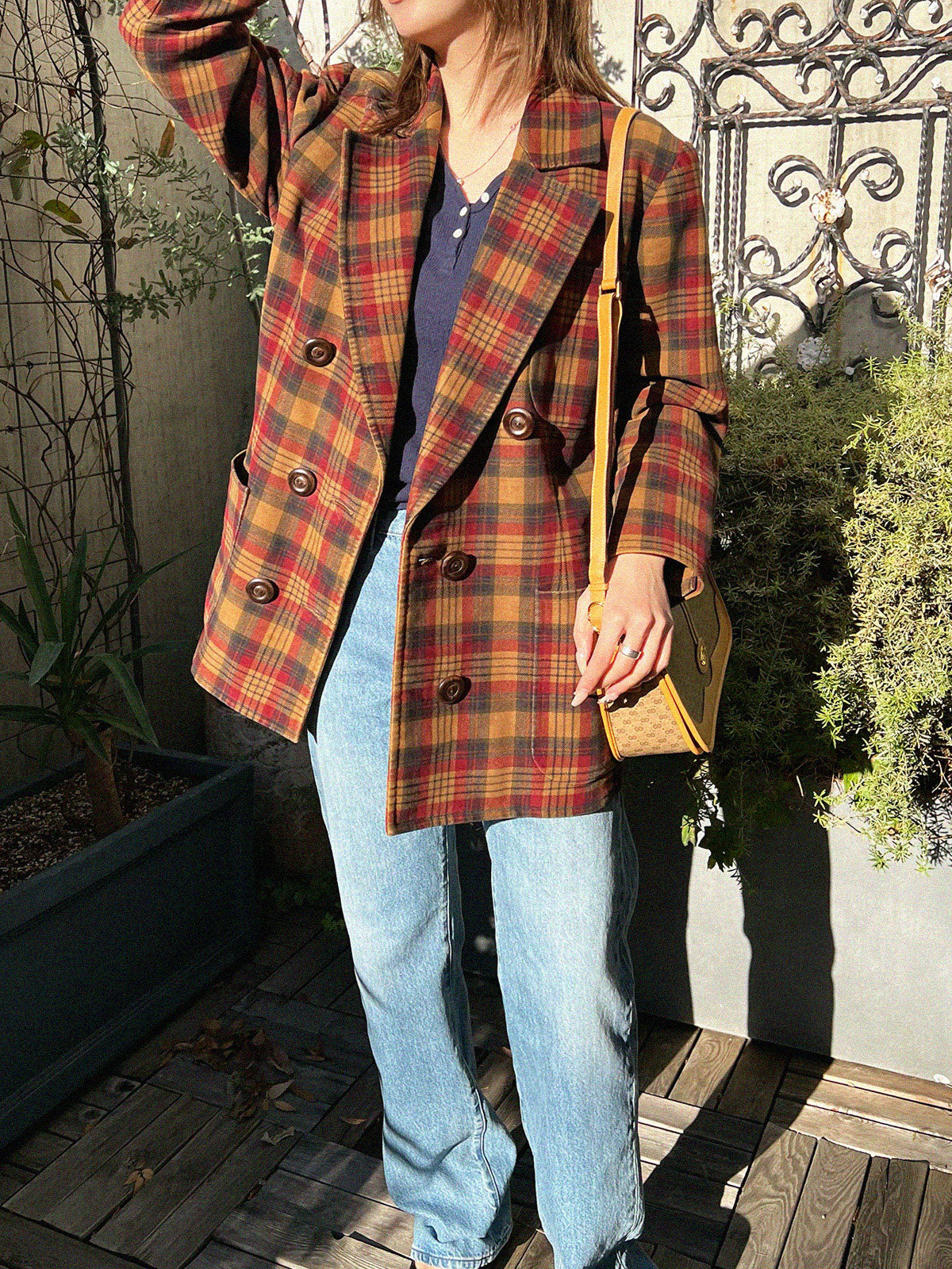 Check Pattern Wood Button Double-Breasted Jacket in Brown/Bordeaux/Multi