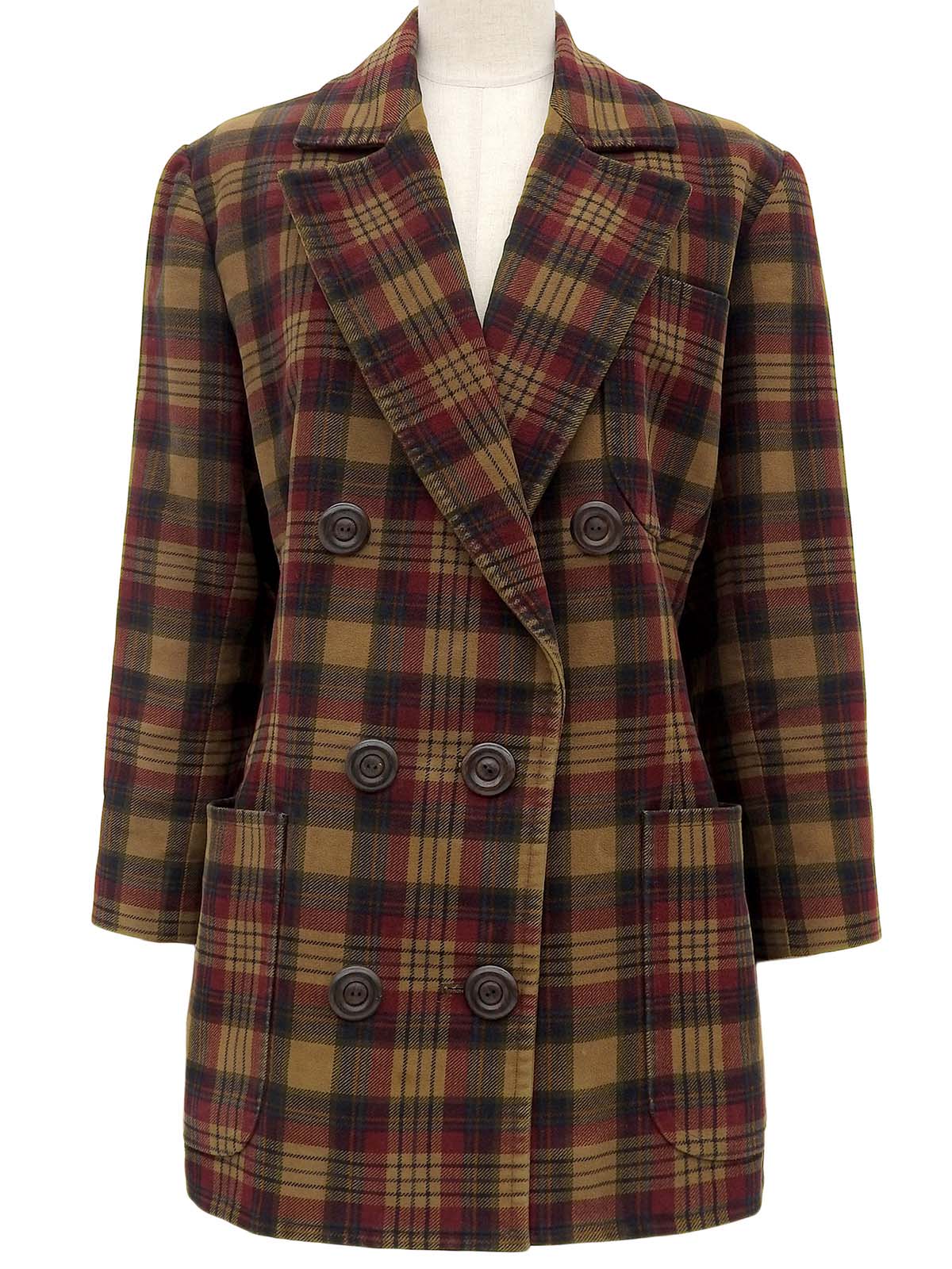 Check Pattern Wood Button Double-Breasted Jacket in Brown/Bordeaux/Multi