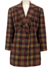 Check Pattern Wood Button Double-Breasted Jacket in Brown/Bordeaux/Multi