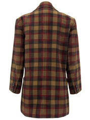 Check Pattern Wood Button Double-Breasted Jacket in Brown/Bordeaux/Multi