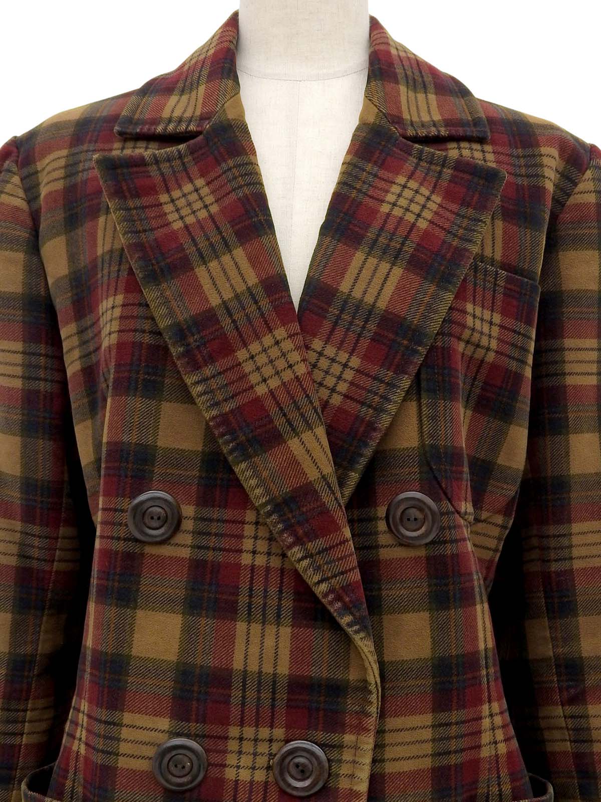 チェックパターンウッドボタンダブルブレストジャケット ブラウン/ボルドー/マルチ