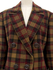 チェックパターンウッドボタンダブルブレストジャケット ブラウン/ボルドー/マルチ